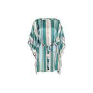 The Alia Cover-Up Tunic features a teal and white striped pattern with a gold chain print, kimono-style silhouette, and waist belt, shown on a plain white background.