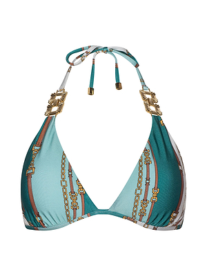 The Annabelle Triangle Bikini Top features a teal and light blue halter-neck design with gold chain and strap patterns, accented with gold deco on the straps for an elegant touch.