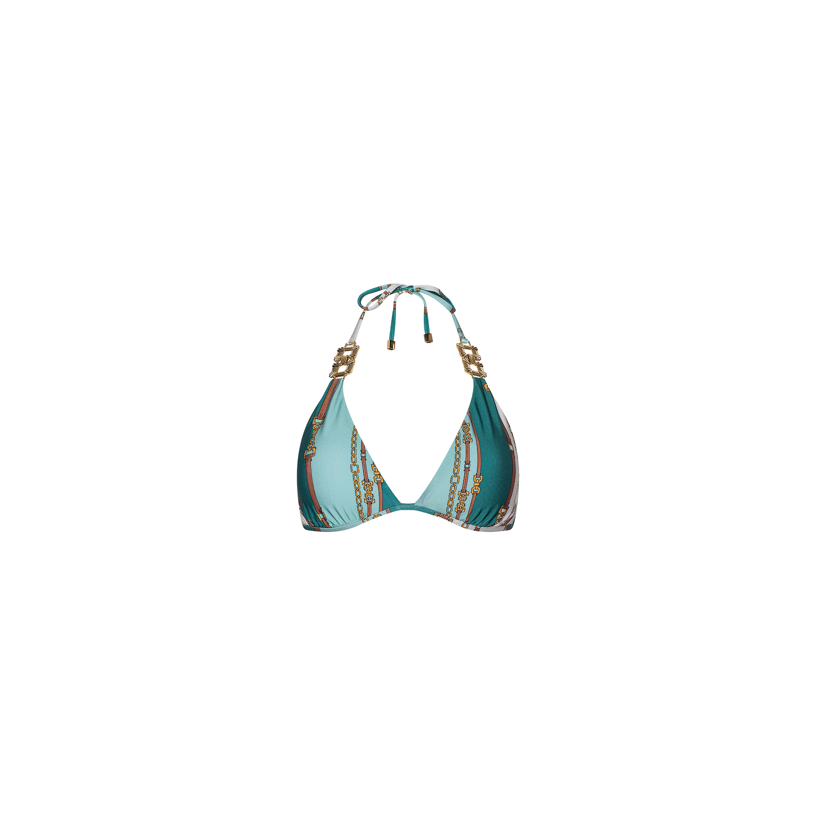 The Annabelle Triangle Bikini Top features teal and brown belt-inspired stripes, gold ring accents, and adjustable neck ties, shown on a white background.