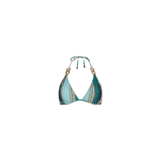 The Annabelle Triangle Bikini Top features teal and brown belt-inspired stripes, gold ring accents, and adjustable neck ties, shown on a white background.