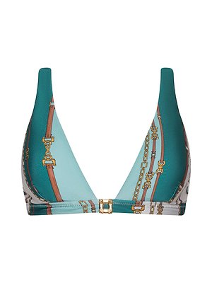 The Lexie Bikini Top features teal and light blue panels, printed brown adjustable straps with gold chain patterns, and a small gold hardware clasp at the center.