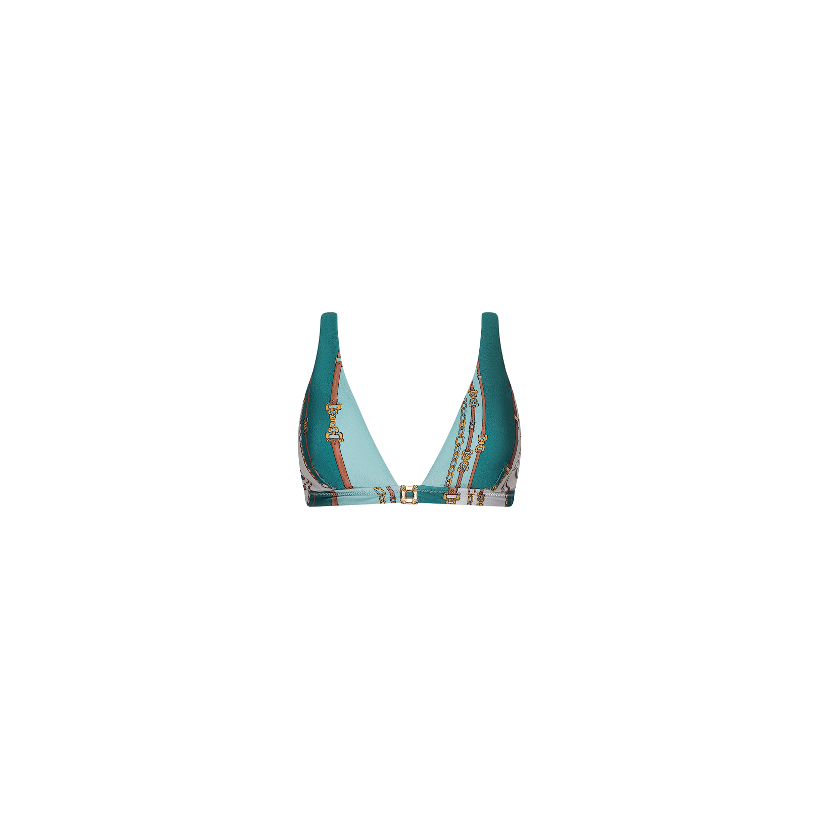 The Lexie Bikini Top is a turquoise and black triangle bikini top with a bold belt-stripe print, adorned with gold chain details and decorative hardware. It features a front clasp closure and is crafted from four-way stretch nylon for added comfort—all showcased on a plain white background.