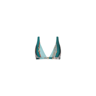 The Lexie Bikini Top is a turquoise and black triangle bikini top with a bold belt-stripe print, adorned with gold chain details and decorative hardware. It features a front clasp closure and is crafted from four-way stretch nylon for added comfort—all showcased on a plain white background.