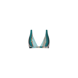The Lexie Bikini Top is a turquoise and black triangle bikini top with a bold belt-stripe print, adorned with gold chain details and decorative hardware. It features a front clasp closure and is crafted from four-way stretch nylon for added comfort—all showcased on a plain white background.