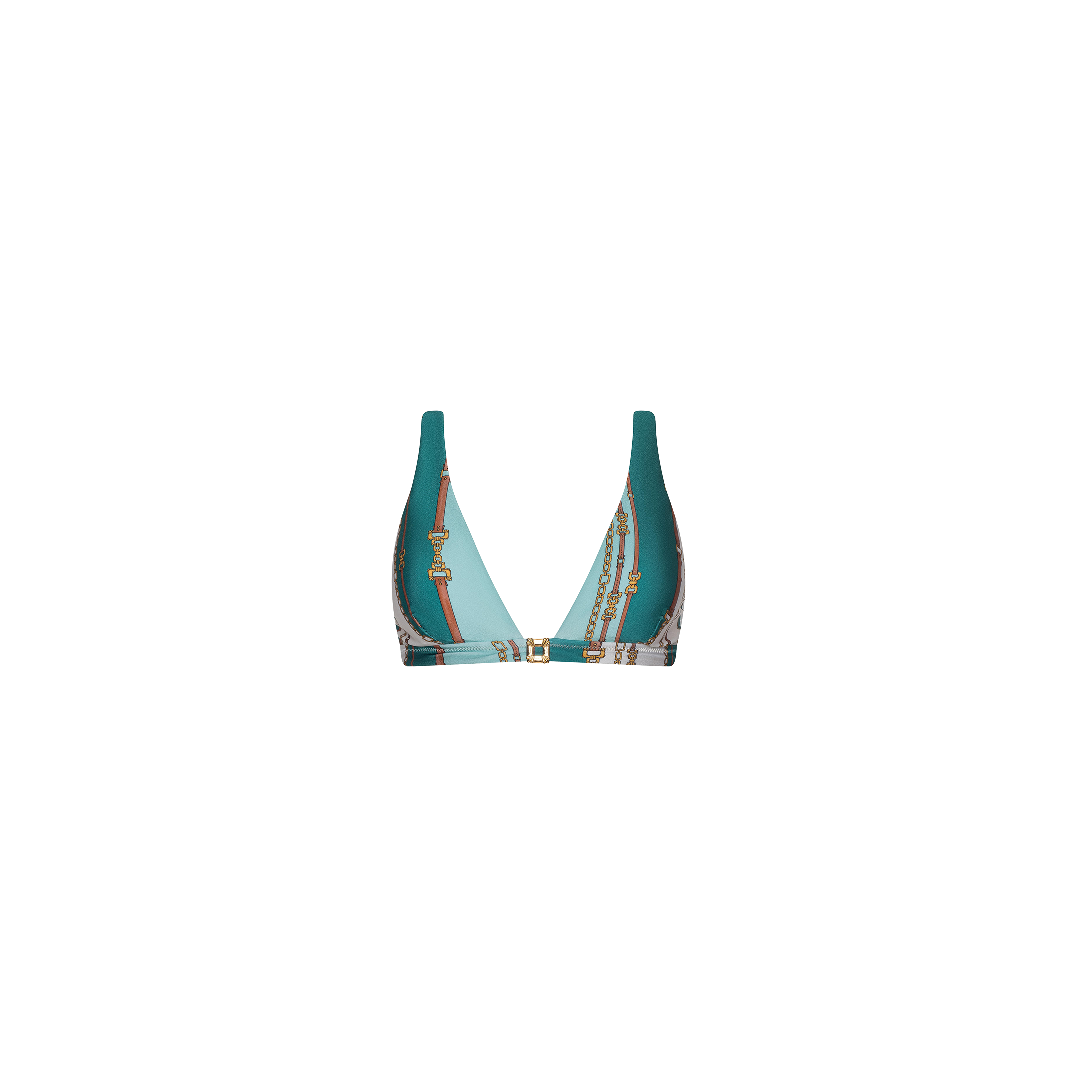 The Lexie Bikini Top is a turquoise and black triangle bikini top with a bold belt-stripe print, adorned with gold chain details and decorative hardware. It features a front clasp closure and is crafted from four-way stretch nylon for added comfort—all showcased on a plain white background.