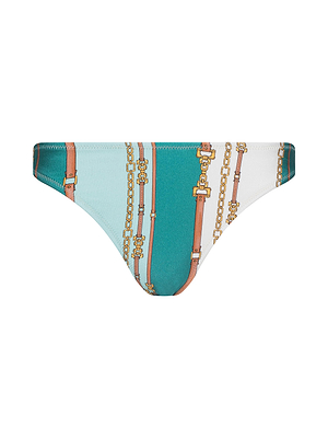 The Jean Bikini Bottom features a high-leg cut with seafoam green, teal, and white panels, accented by gold chain and tan belt prints. Made from four-way stretch nylon for comfort and style.
