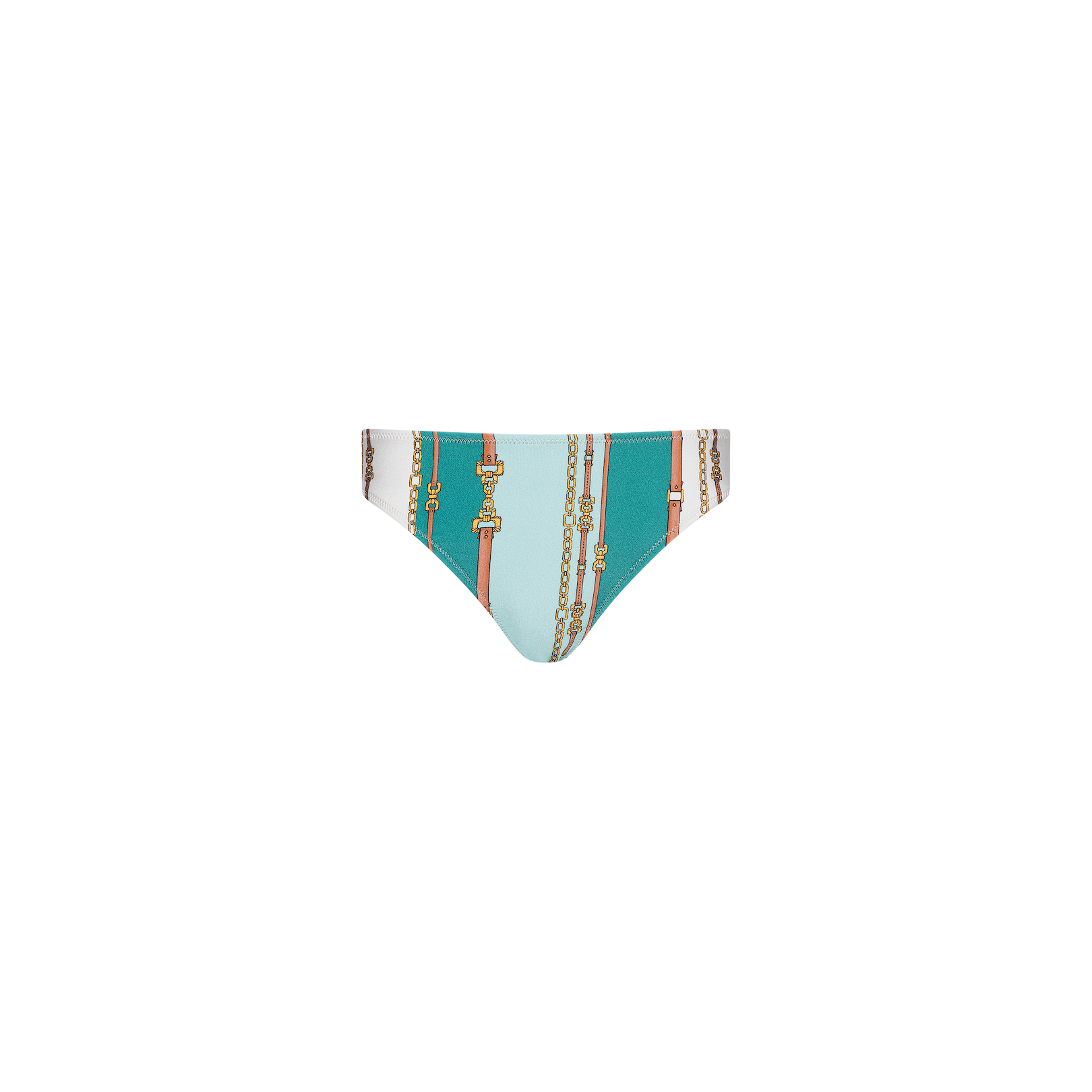 The Nicole Bikini Bottom offers moderate coverage and showcases a pattern of teal and white vertical stripes accented with gold chain designs on a crisp white background, crafted from four-way stretch nylon for optimal comfort and flexibility.