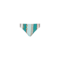 The Nicole Bikini Bottom is displayed against a plain white surface, showcasing a light blue and teal belt-stripe print with gold chain and belt designs on a white background.