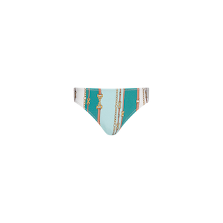 The Nicole Bikini Bottom offers moderate coverage and showcases a pattern of teal and white vertical stripes accented with gold chain designs on a crisp white background, crafted from four-way stretch nylon for optimal comfort and flexibility.