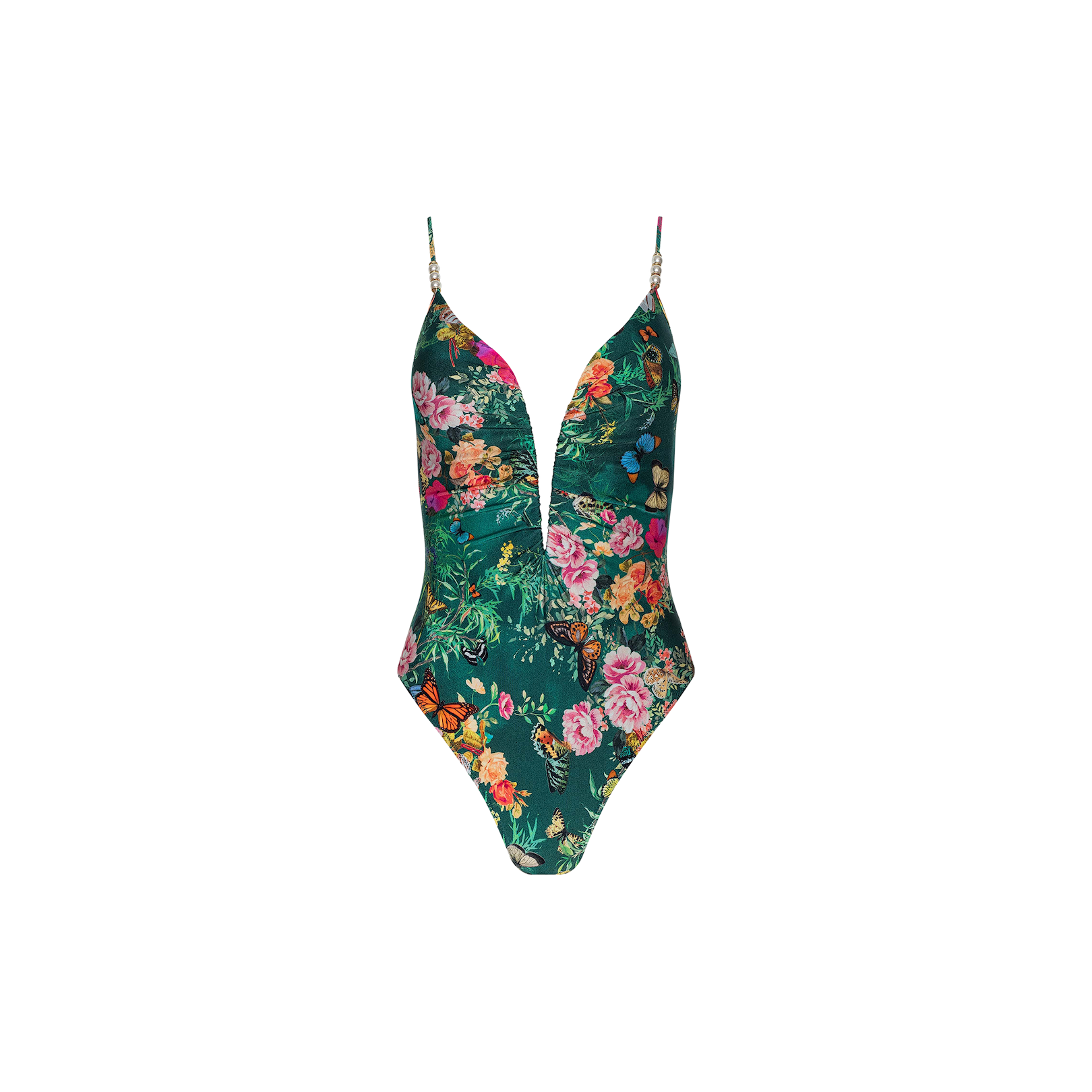 The Lilou One-Piece Swimsuit features a plunging V-wire neckline, thin straps, and a lively floral-butterfly print set against a green background.