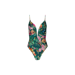 The Lilou One-Piece Swimsuit features thin straps and a deep V-neckline, adorned with a vibrant floral-butterfly print on a dark green background and finished with a sleek high-leg cut.