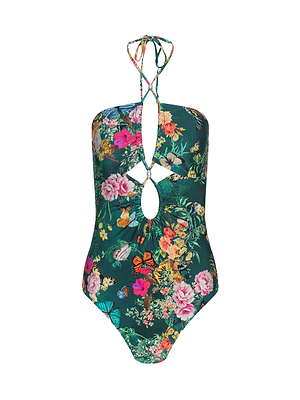 The Shiva One-Piece Swimsuit features a halter neck and keyhole cutout, adorned with a vibrant butterfly floral print on a dark green background.