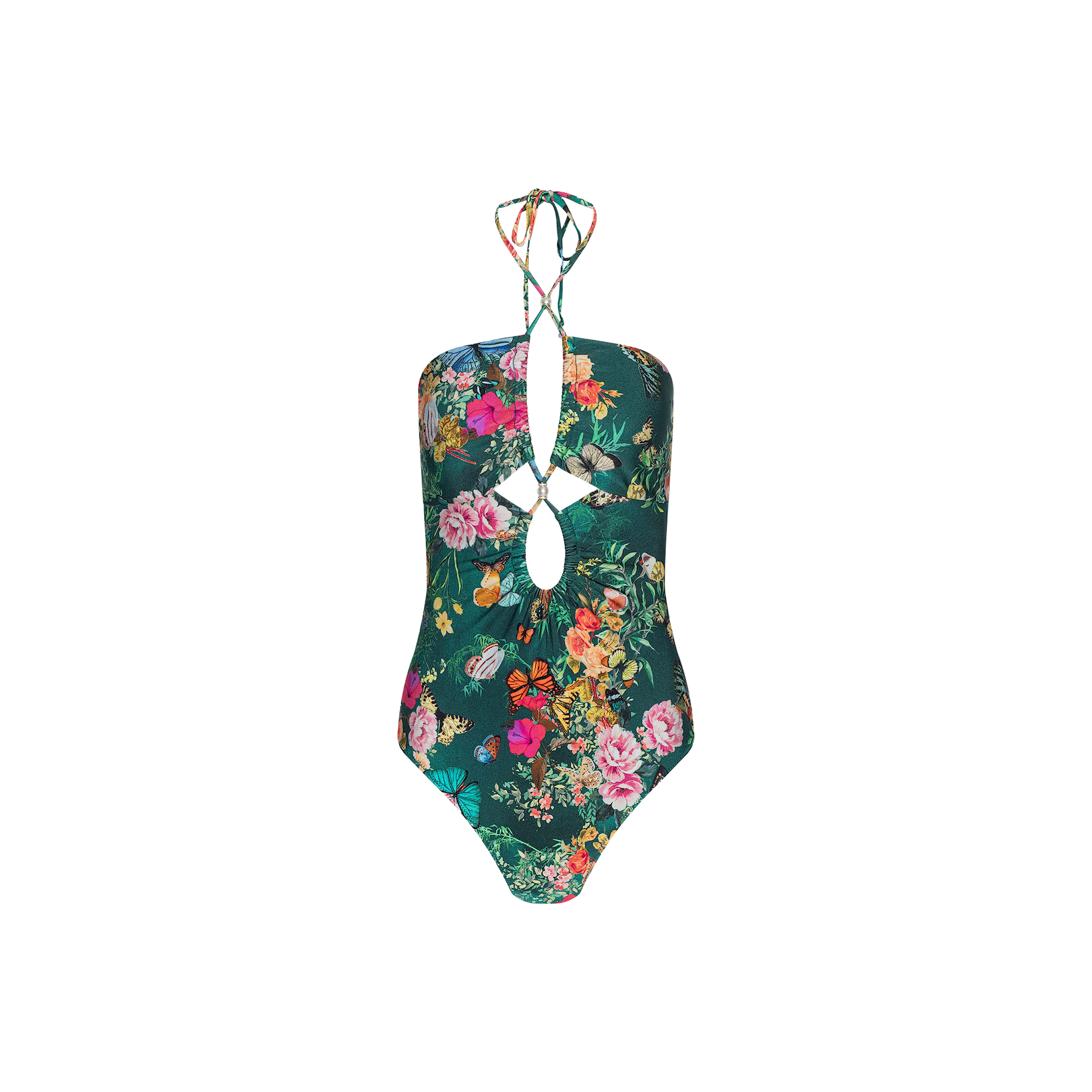 The Shiva One-Piece Swimsuit showcases a vibrant butterfly floral print in green, complete with halter neck ties and a chic front keyhole cutout design.