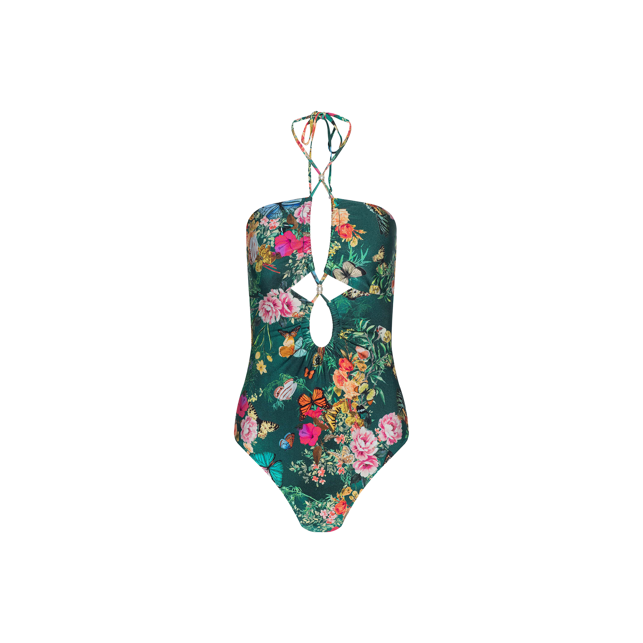 Shiva One-Piece Swimsuit in a vibrant butterfly floral print, featuring a halter neck tie and two front keyhole cutout openings on a plain white background.