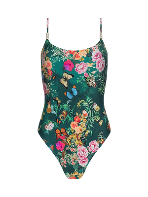 The Remi One-Piece Swimsuit features thin straps and a lively floral-butterfly print with pink, yellow, and orange flowers on a dark green background for a vibrant summer look.