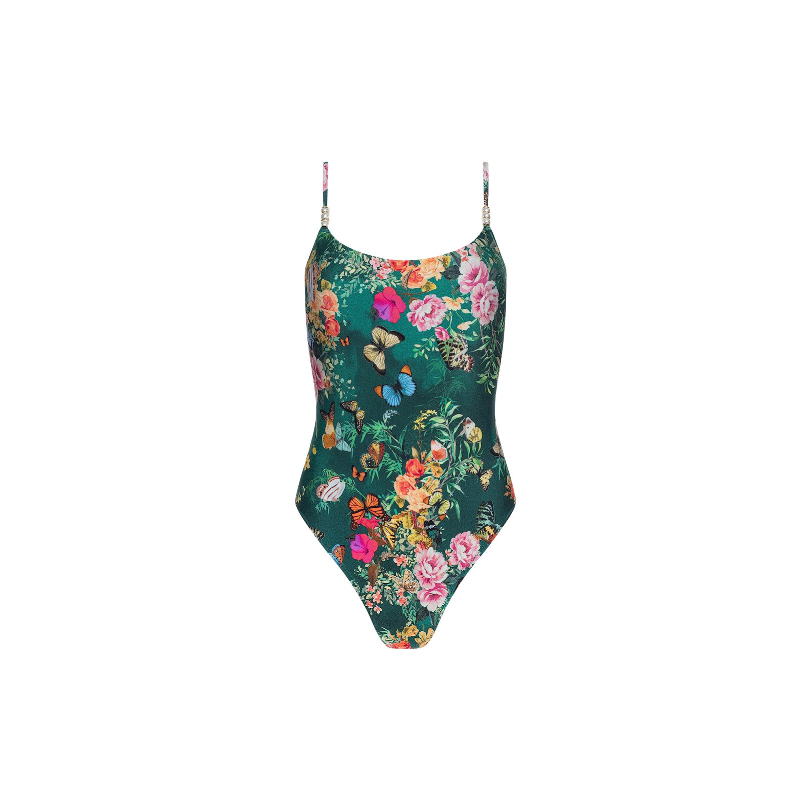 The Remi One-Piece Swimsuit is a green swimsuit with faux pearl straps, adorned with a vibrant floral-butterfly print.