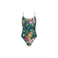 Remi One-Piece Swimsuit in green with adjustable straps, showcasing a vibrant floral-butterfly print in multiple colors on a crisp white background.