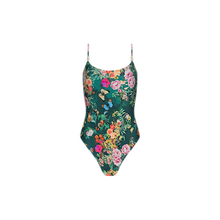 The Remi One-Piece Swimsuit is a green swimsuit with faux pearl straps, adorned with a vibrant floral-butterfly print.