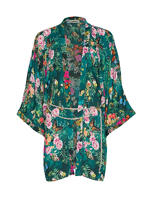 The Caterina Cover-Up Kimono features wide sleeves, a removable belt, and a vibrant floral and butterfly print in pink, orange, blue, yellow tones on green, displayed against a white background.
