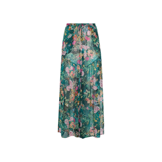 Sharon Cover-Up Pant with a green base and multicolored floral print, featuring pink, yellow, and orange flowers, and a gathered drawstring waist for an adjustable fit.