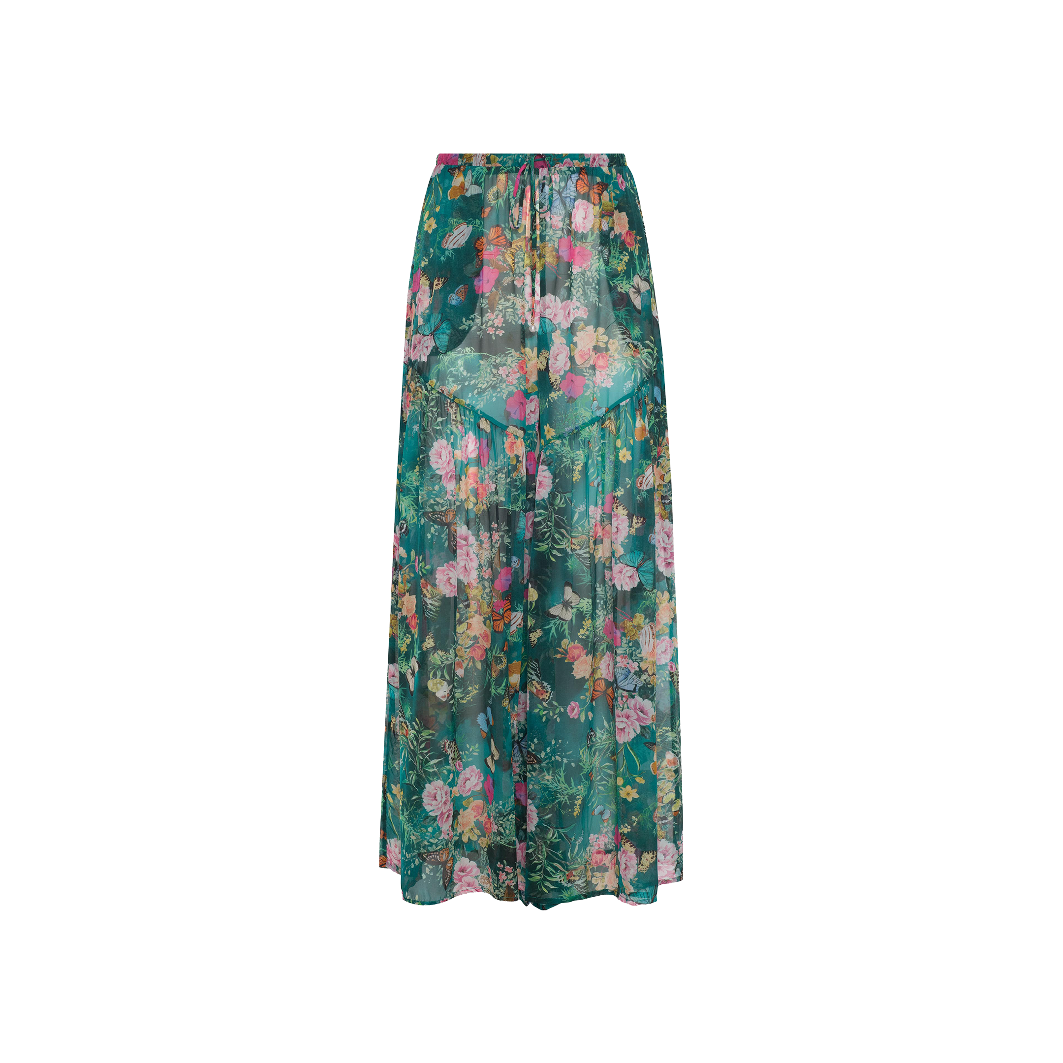 The Sharon Cover-Up Pant features a green base adorned with a vibrant floral print in shades of pink, yellow, and orange. Lightweight and perfect for beachwear, these flowy pants offer a gathered waistband resembling a drawstring for extra comfort.
