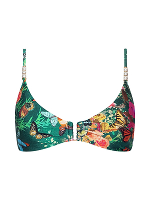 The Yazmin Bikini Top features a vibrant butterfly floral print on a green background, with pearl-like beads accenting the adjustable straps.