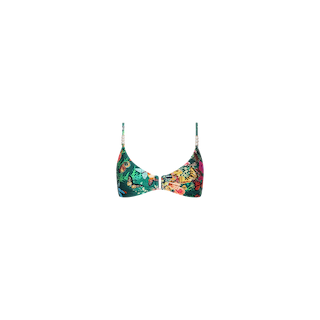 The Yazmin Bikini Top features thin adjustable straps, a front clasp, and a vibrant tropical butterfly floral pattern on a white background.