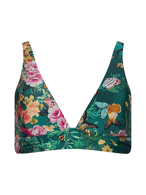 The Lexie Bikini Top by L'AGENCE features a green base with a vibrant butterfly and floral print in pink, yellow, and orange. Triangle-shaped cups and wide adjustable straps offer stylish comfort.