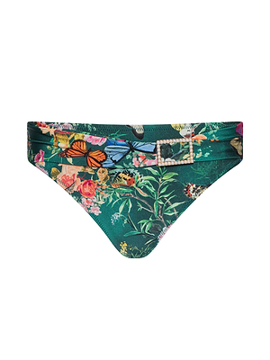 The Miya Bikini Bottom by L'AGENCE features a green floral print with butterflies, a sash waistband accented by a jeweled rectangular buckle, and offers moderate coverage for a chic summer look.