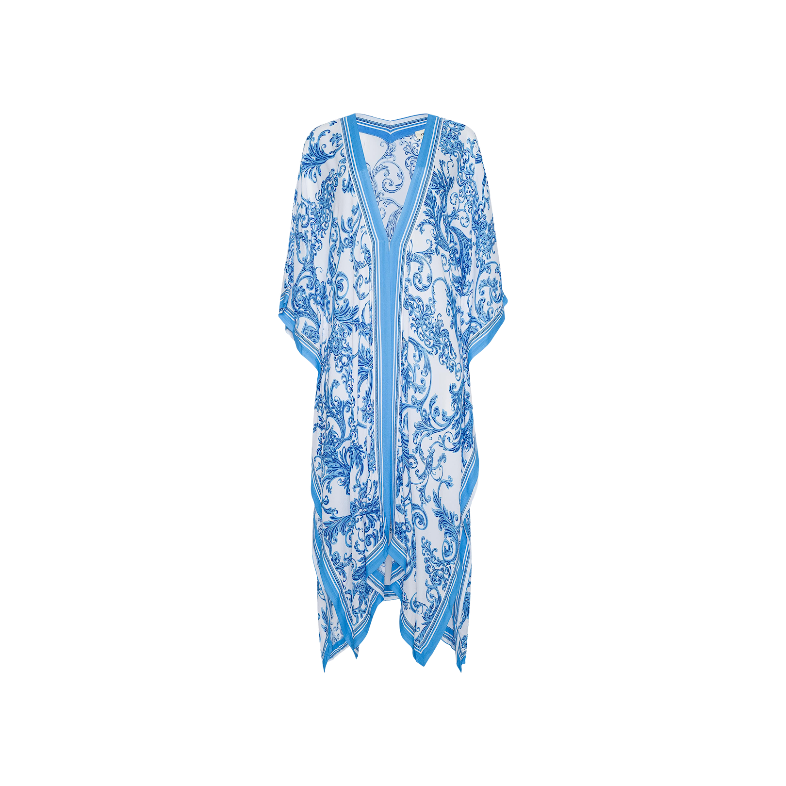 The Kara Kimono Cover-Up is a blue and white patterned kaftan with short sleeves and a V-neck, showcasing an ornate floral design and an asymmetric hem. Crafted from water-safe viscose crepe, this blue baroque cover-up offers a lightweight, flowy feel that makes it perfect for beachwear. Displayed on a plain white background.