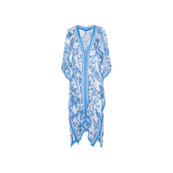 The Kara Kimono Cover-Up is a blue and white patterned kaftan with short sleeves and a V-neck, showcasing an ornate floral design and an asymmetric hem. Crafted from water-safe viscose crepe, this blue baroque cover-up offers a lightweight, flowy feel that makes it perfect for beachwear. Displayed on a plain white background.