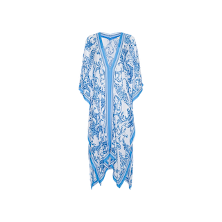 The Kara Kimono Cover-Up is a flowy, knee-length kaftan featuring a blue and white ornate floral baroque pattern. Crafted from water-safe viscose crepe, it offers a V-neckline and short sleeves, and is shown against a plain white background.