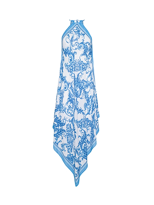 The Elise Cover-Up Dress is a sleeveless halter midi dress with an ornate blue baroque print, high neckline, and pointed asymmetrical hem. Made from water-safe crepe, it's shown against a plain white background.