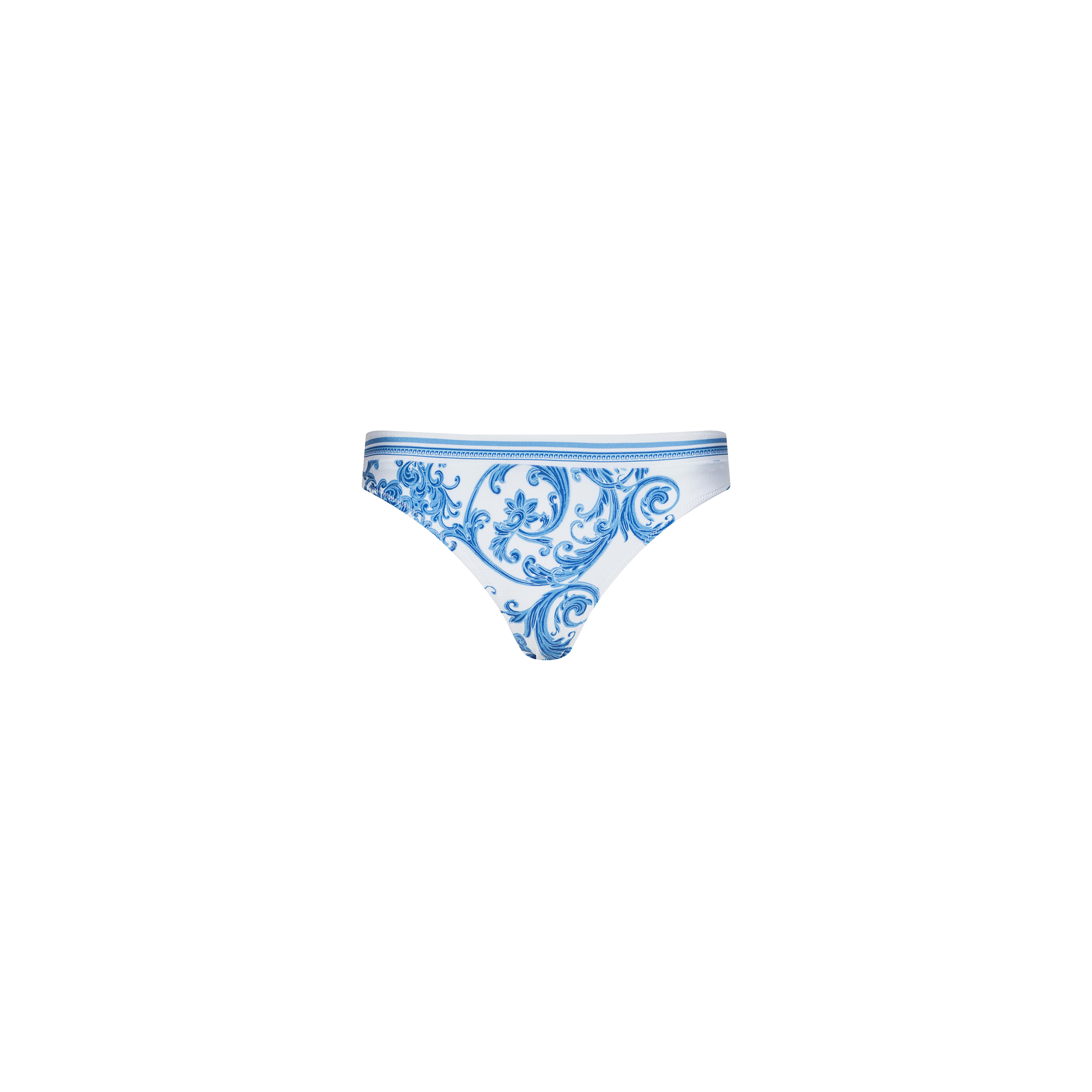The Gianna Brazilian Bikini Bottom features a blue baroque print with ornate floral and swirl patterns on a white background. Displayed on a plain white surface, its cheeky cut offers a modern, flattering look.
