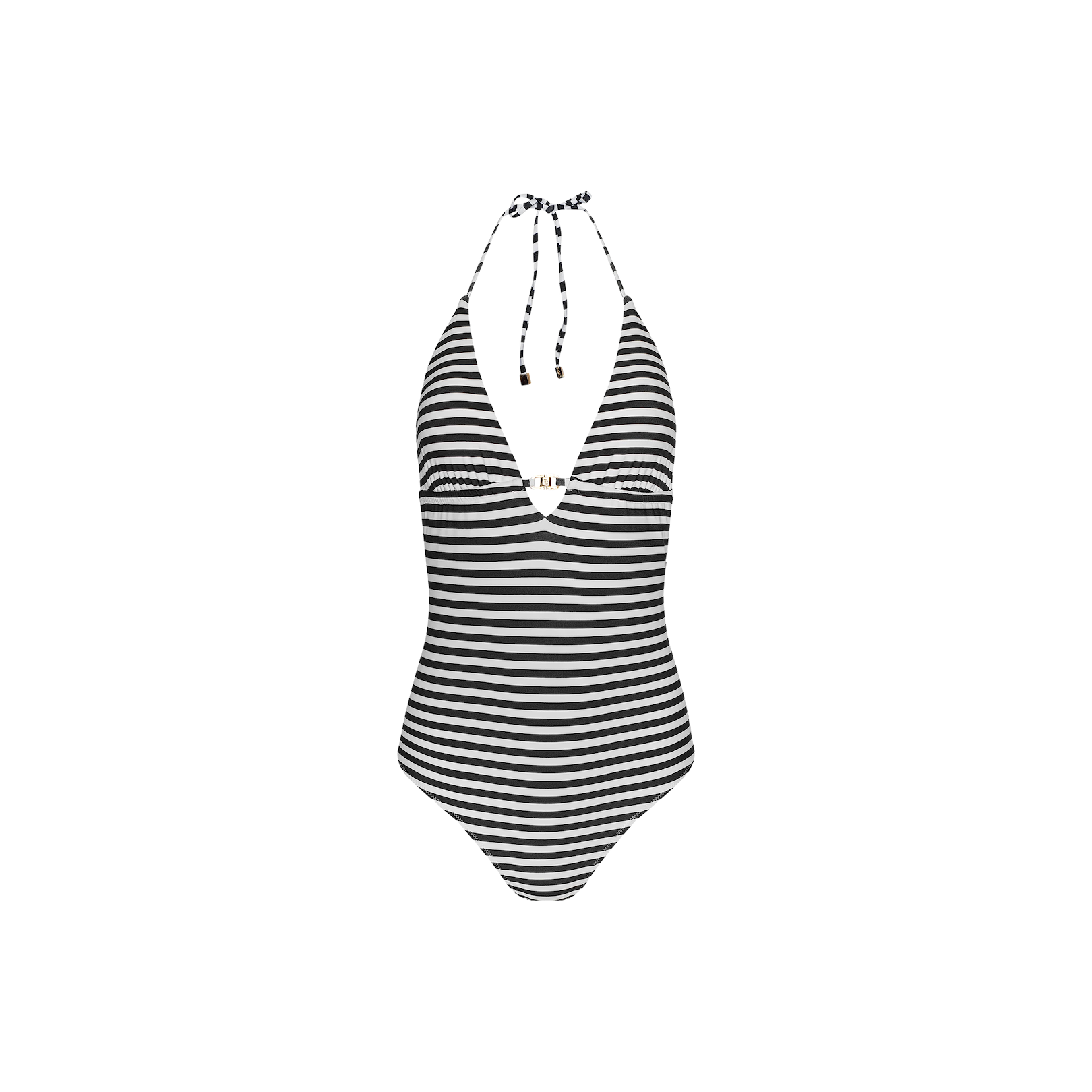 The Leila Halter One-Piece Swimsuit features bold black-and-white stripes in a chic halter design, highlighted by a deep V-neckline and a striking chest cutout for an effortlessly glamorous French-inspired look. Displayed on a plain white background.