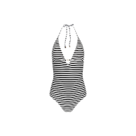 The Leila Halter One-Piece Swimsuit features bold black-and-white stripes in a chic halter design, highlighted by a deep V-neckline and a striking chest cutout for an effortlessly glamorous French-inspired look. Displayed on a plain white background.
