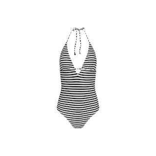 Exude French glamour in the Leila Halter One-Piece Swimsuit, a black-and-white striped halter featuring a chic neck tie and deep V neckline, beautifully showcased on a plain white background.