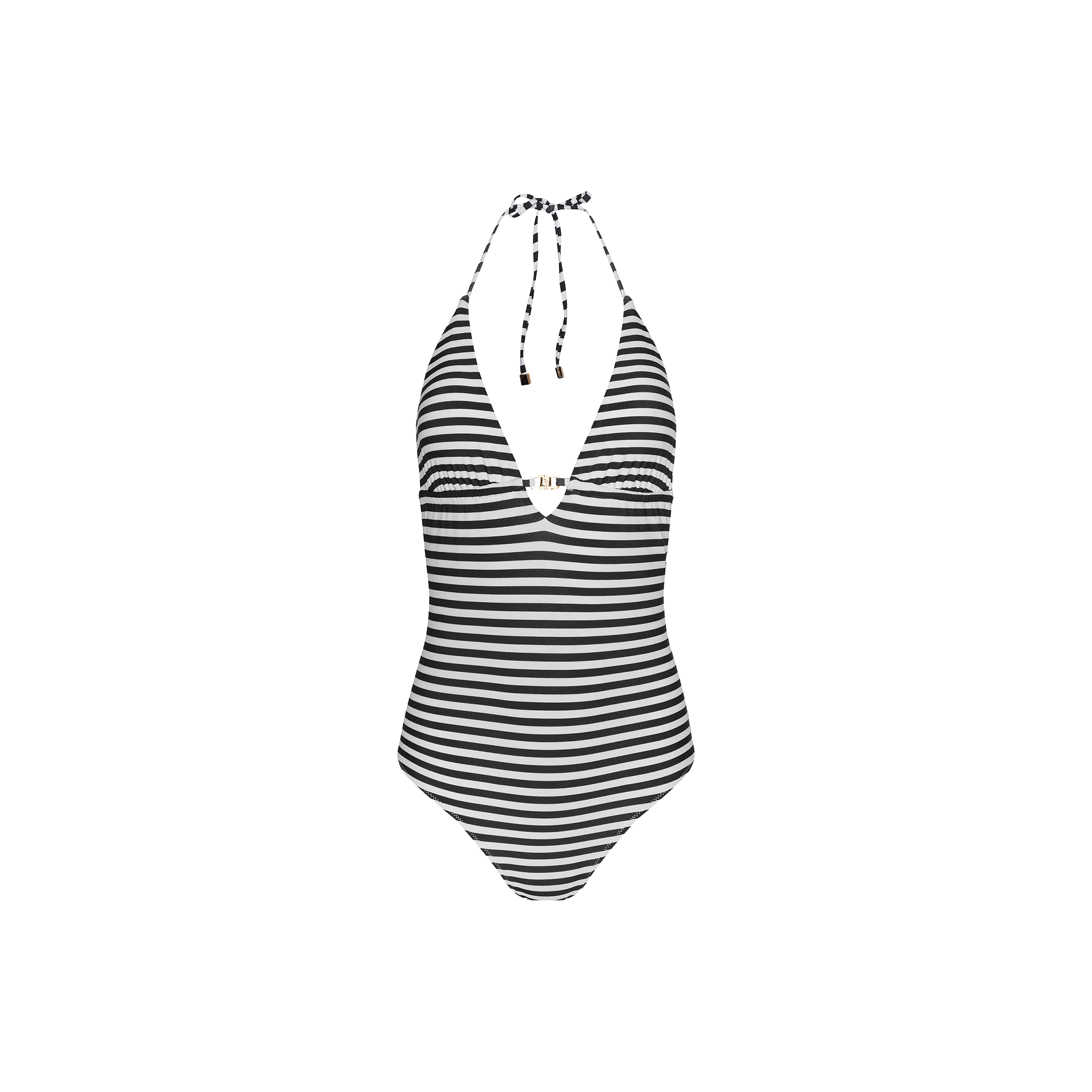The Leila Halter One-Piece Swimsuit features bold black-and-white stripes in a chic halter design, highlighted by a deep V-neckline and a striking chest cutout for an effortlessly glamorous French-inspired look. Displayed on a plain white background.