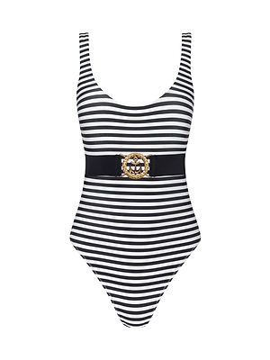 The Mila One-Piece Swimsuit features black and white horizontal stripes, a scoop neckline, high-cut legs, and a wide black belt with a gold and black circular buckle—classic swimwear with French-inspired glamour.