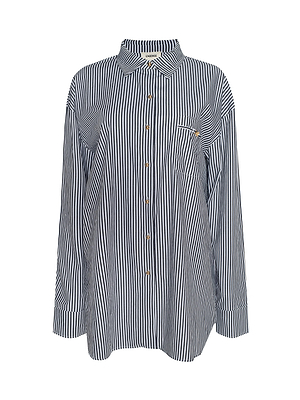 The Lorena Cover-Up Shirt is a long-sleeved, button-up cotton poplin shirt with a collar, vertical navy and white stripes, and a left chest pocket—an ideal addition to any resort collection.