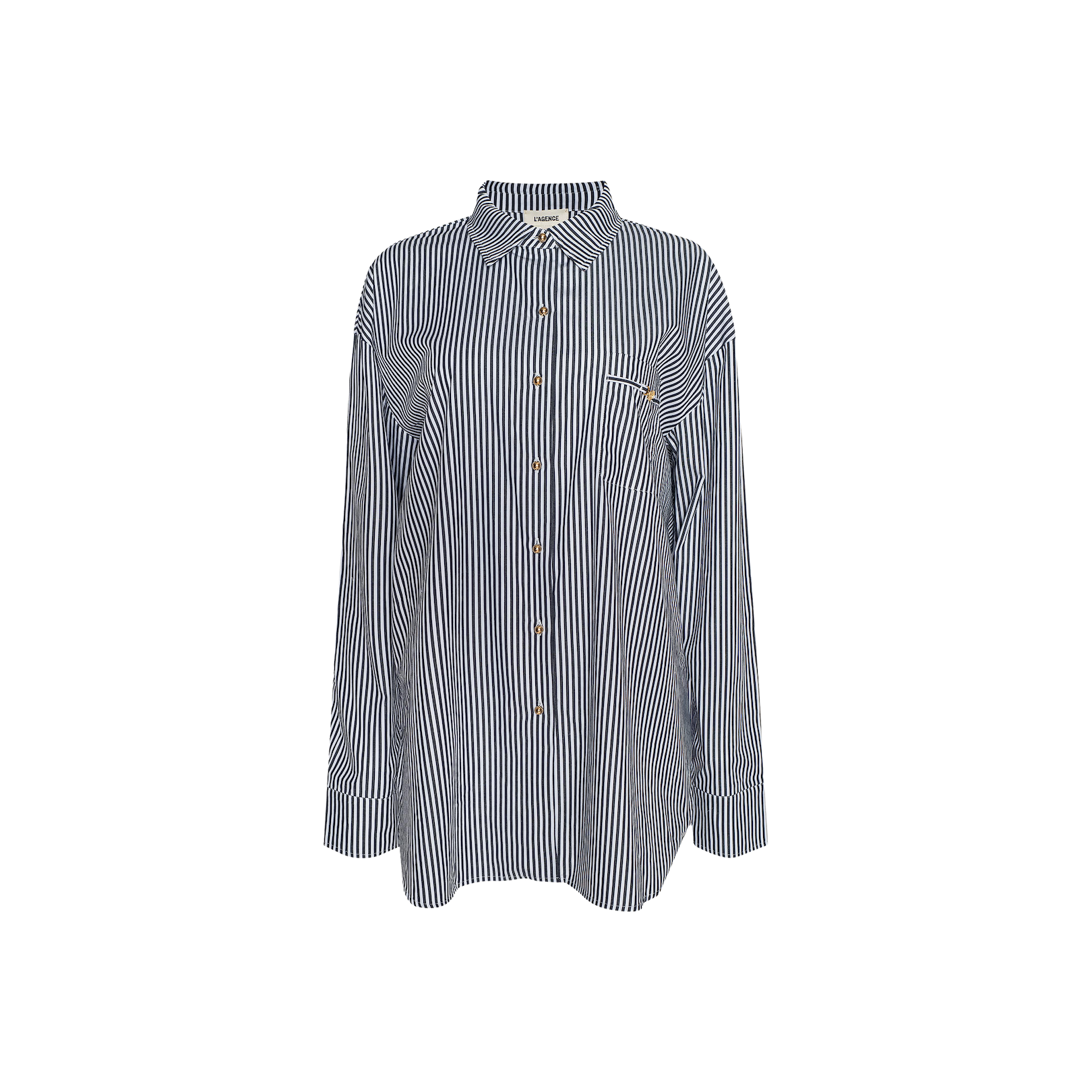 The Lorena Cover-Up Shirt is a blue and white vertically striped long-sleeve button-up made from cotton poplin, featuring a collar, gold buttons, and a front pocket, shown against a plain light background.