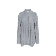 The Lorena Cover-Up Shirt is a blue and white vertically striped long-sleeve button-up made from cotton poplin, featuring a collar, gold buttons, and a front pocket, shown against a plain light background.