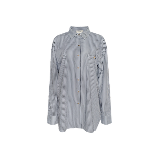 The Lorena Cover-Up Shirt is a blue and white vertically striped long-sleeve button-up resort shirt with a collar and chest pocket, crafted from breathable cotton poplin and shown on a plain white background.