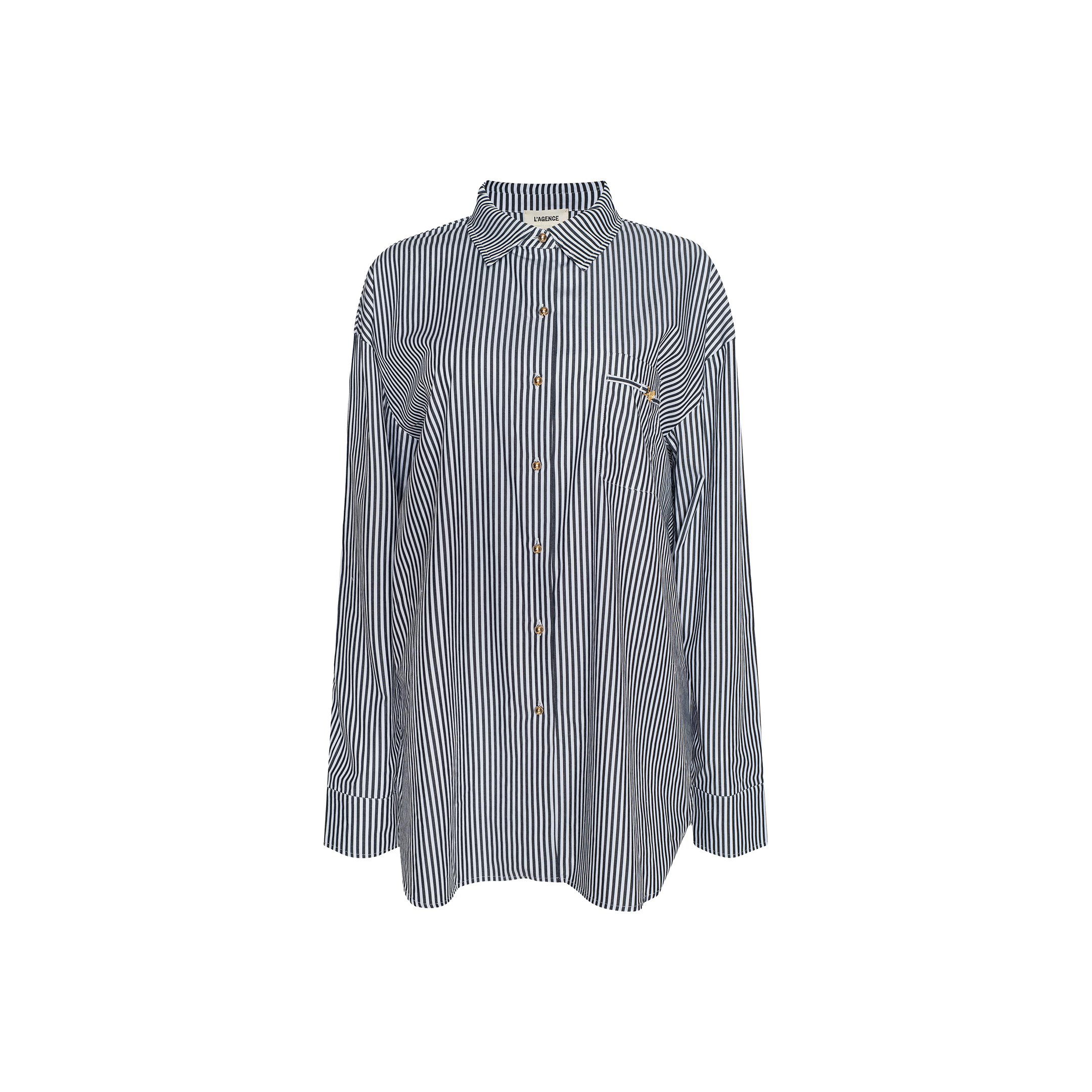 The Lorena Cover-Up Shirt is a blue and white vertically striped long-sleeve button-up made from cotton poplin, featuring a collar, gold buttons, and a front pocket, shown against a plain light background.