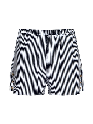 The Amiya Cover-Up Short features navy and white vertical stripes in cotton poplin with an elastic waistband and decorative gold buttons at the hem, making it perfect for effortless resort style.