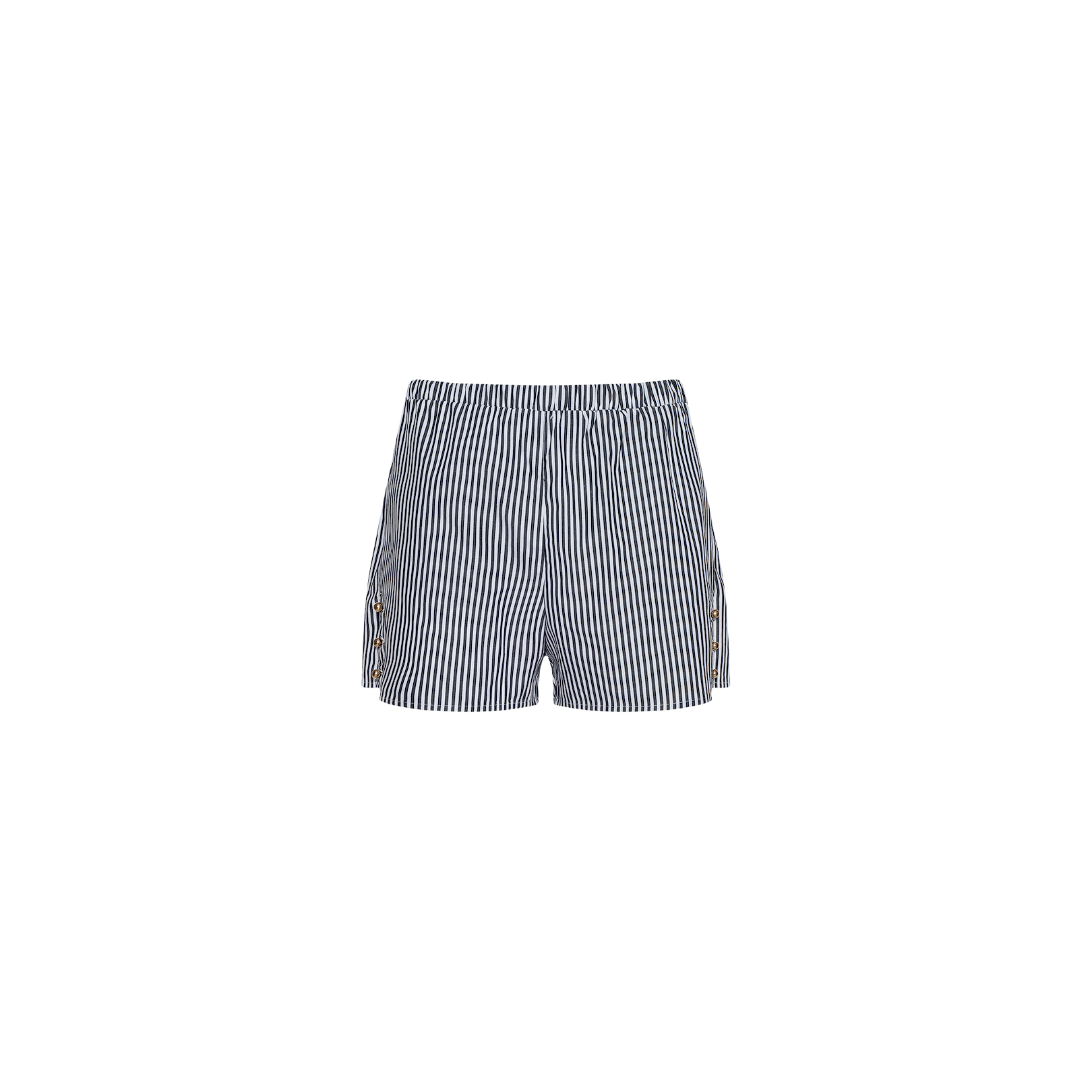 The Amiya Cover-Up Short features blue and white vertical stripes in cotton poplin, designed with an elastic waistband—ideal for resort dressing—and is displayed on a plain white background.