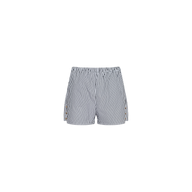 The Amiya Cover-Up Short features blue and white vertical stripes in cotton poplin, designed with an elastic waistband—ideal for resort dressing—and is displayed on a plain white background.