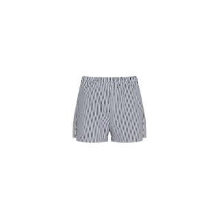 Amiya Cover-Up Short: blue and white vertically striped cotton poplin shorts featuring an elastic waistband and subtle side slits, ideal for resort dressing, shown against a plain white background.