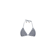 Kristin Triangle Bikini Top in black and white stripes, featuring triangle cups and a halter neck tie inspired by classic French Riviera swimwear. This adjustable bikini top is shown on a plain white background.