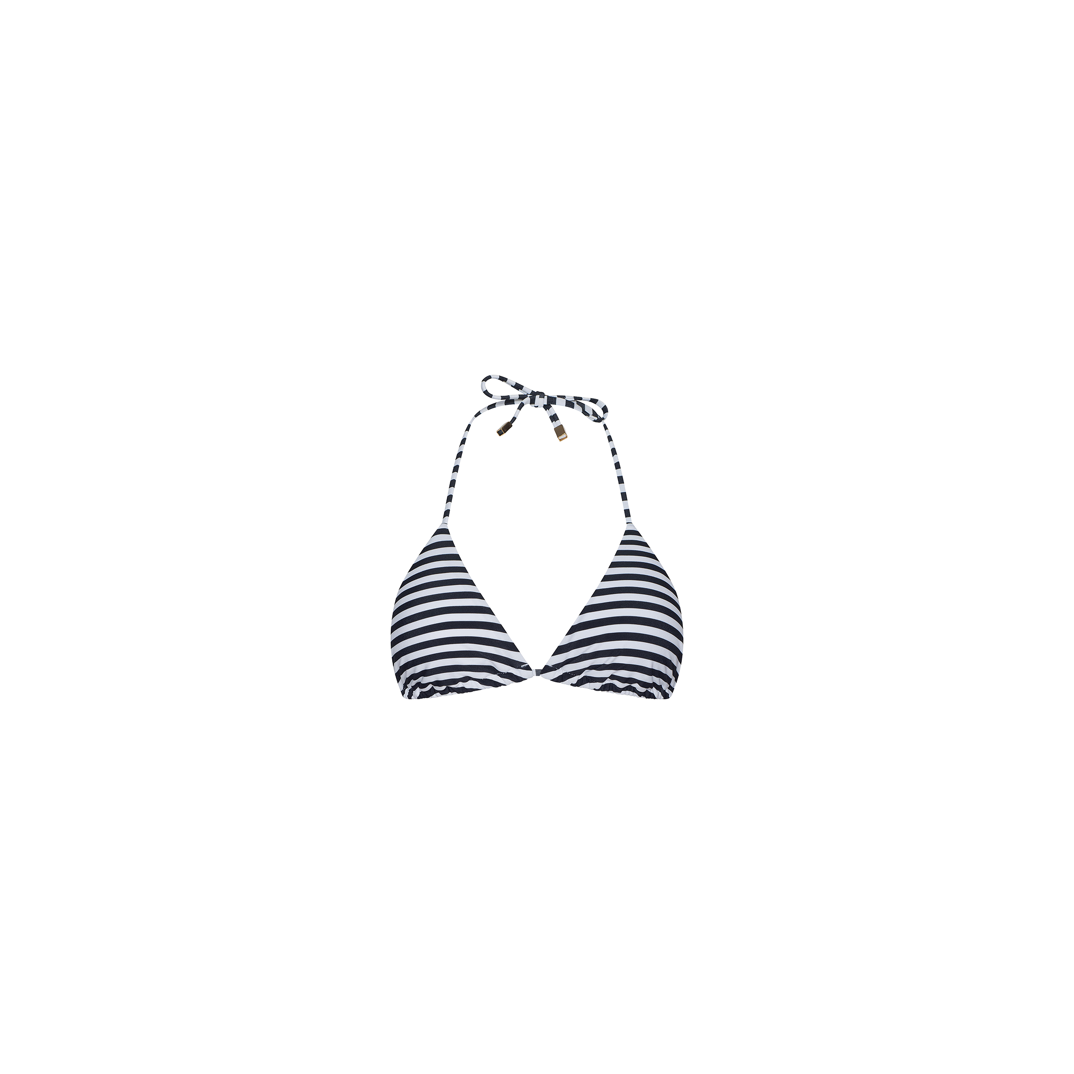 Kristin Triangle Bikini Top in black and white stripes, featuring triangle cups and a halter neck tie inspired by classic French Riviera swimwear. This adjustable bikini top is shown on a plain white background.
